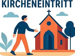 Bild eines Mannes, der auf dem Weg in eine Kirche ist, mit der Überschrift Kircheneintritt